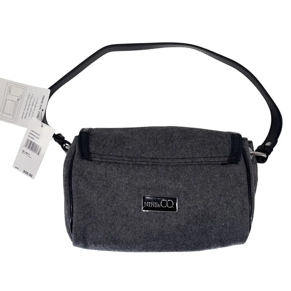 NEW Nine & Co Mr. Smith Shoulder Bag Purse Gray Wool & Black Faux Leather Flower